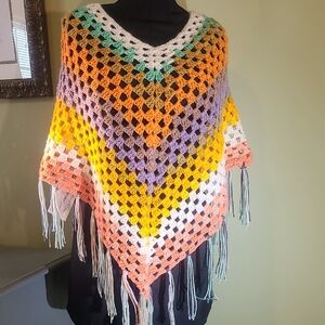 Colorful Hand Crochet Poncho with Fringe By Grey Dove Creations, New With Tag